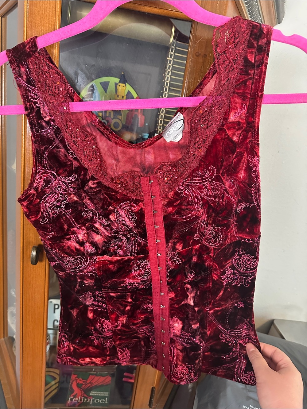 rave Burgundy Red Velvet Lace Front Hook Tank Top